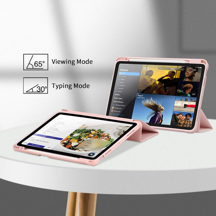 Trifold stand providing two angles for viewing and typing on iPad Air 13 case.