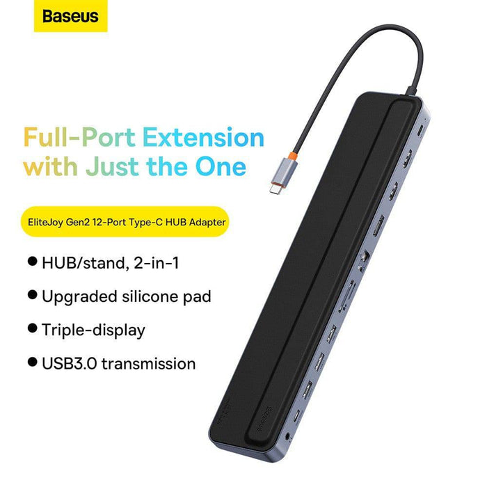 Baseus EliteJoy Gen2 12-Port Type-C HUB Adapter (Type-C to HDMI*2+USB3.0*3+PD*1+DP*1+SD/TF*1+RJ45*1+Type-C Data*1+3.5mm*1)-Dark Gray - JPC MOBILE ACCESSORIES