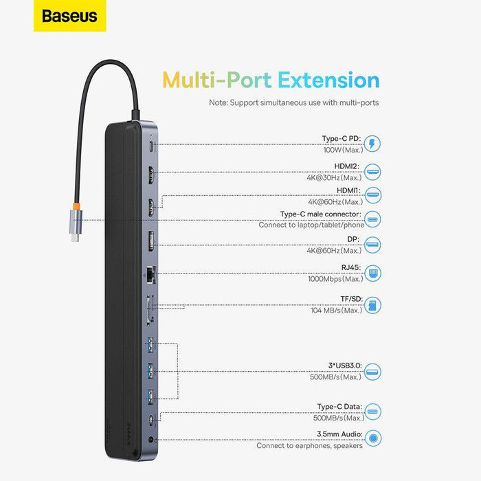 Baseus EliteJoy Gen2 12-Port Type-C HUB Adapter (Type-C to HDMI*2+USB3.0*3+PD*1+DP*1+SD/TF*1+RJ45*1+Type-C Data*1+3.5mm*1)-Dark Gray - JPC MOBILE ACCESSORIES