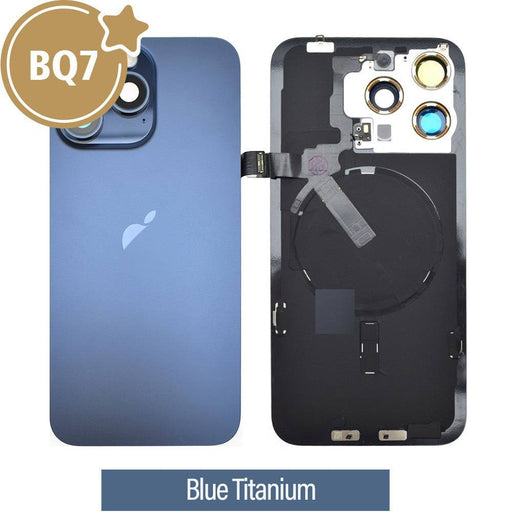 Blue Titanium BQ7 Rear Cover Glass for iPhone 15 Pro Max with Camera Lens and Wireless Flex.