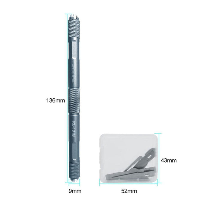 Complete toolkit of RELIFE RL-101B CPU Glue Removal Tool Set laid out, showing different blades for specific repair tasks.