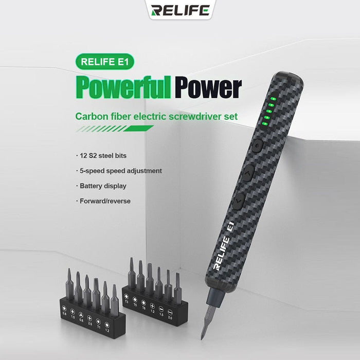 RELIFE E1 Carbon Fiber Electric Screwdriver Set – 12 Precision Bits, LED Lights & Type - C Charging | Compact & Rechargeable Tool for Electronics Repair - JPC MOBILE ACCESSORIES
