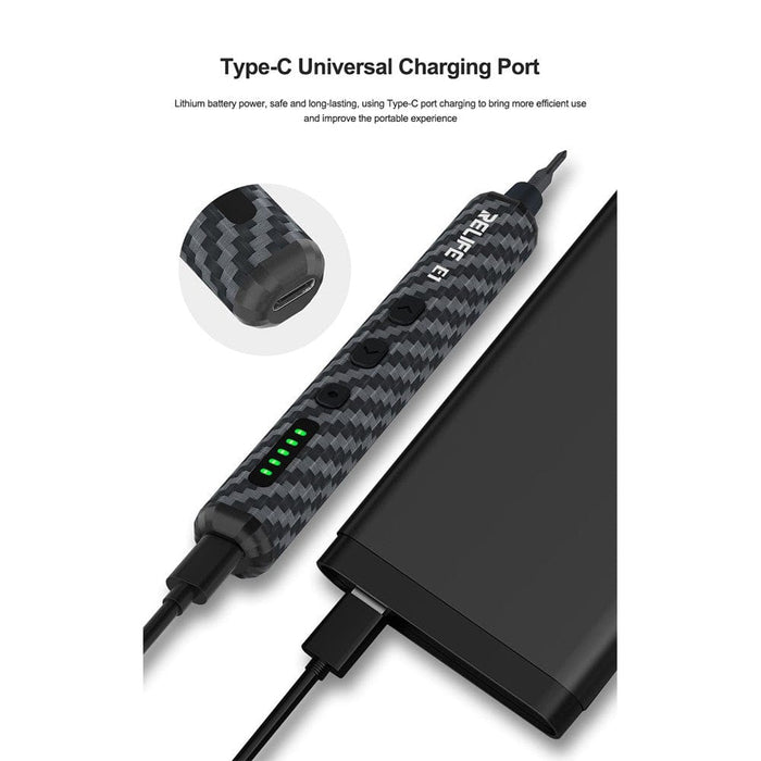 RELIFE E1 Carbon Fiber Electric Screwdriver Set – 12 Precision Bits, LED Lights & Type - C Charging | Compact & Rechargeable Tool for Electronics Repair - JPC MOBILE ACCESSORIES