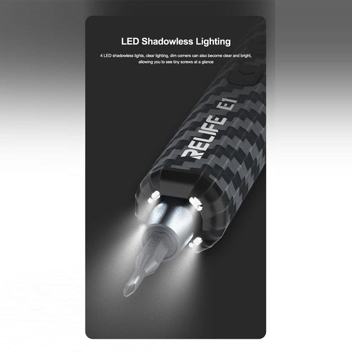 RELIFE E1 Carbon Fiber Electric Screwdriver Set – 12 Precision Bits, LED Lights & Type - C Charging | Compact & Rechargeable Tool for Electronics Repair - JPC MOBILE ACCESSORIES