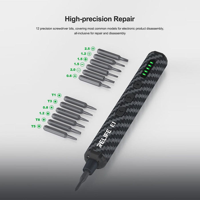 RELIFE E1 Carbon Fiber Electric Screwdriver Set – 12 Precision Bits, LED Lights & Type - C Charging | Compact & Rechargeable Tool for Electronics Repair - JPC MOBILE ACCESSORIES