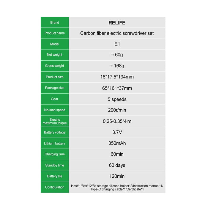 RELIFE E1 Carbon Fiber Electric Screwdriver Set – 12 Precision Bits, LED Lights & Type - C Charging | Compact & Rechargeable Tool for Electronics Repair - JPC MOBILE ACCESSORIES
