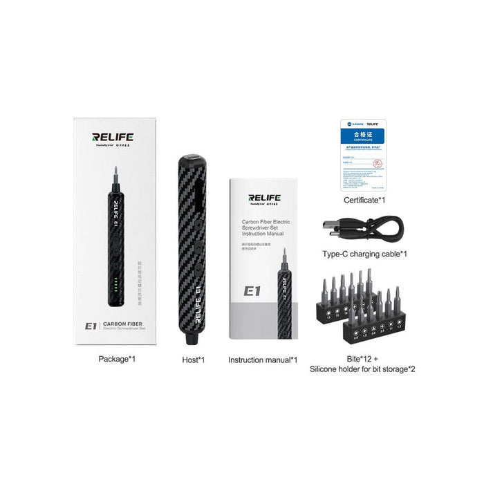 RELIFE E1 Carbon Fiber Electric Screwdriver Set – 12 Precision Bits, LED Lights & Type - C Charging | Compact & Rechargeable Tool for Electronics Repair - JPC MOBILE ACCESSORIES