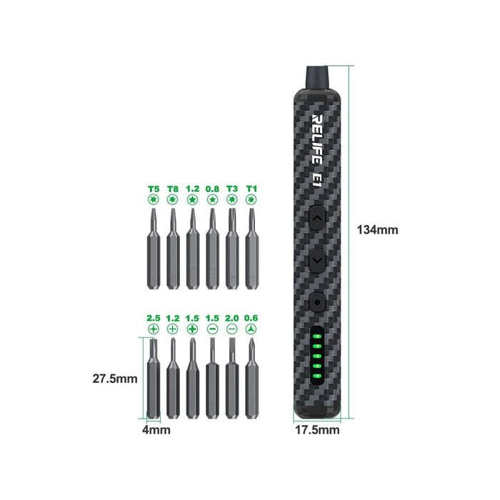 RELIFE E1 Carbon Fiber Electric Screwdriver Set – 12 Precision Bits, LED Lights & Type - C Charging | Compact & Rechargeable Tool for Electronics Repair - JPC MOBILE ACCESSORIES