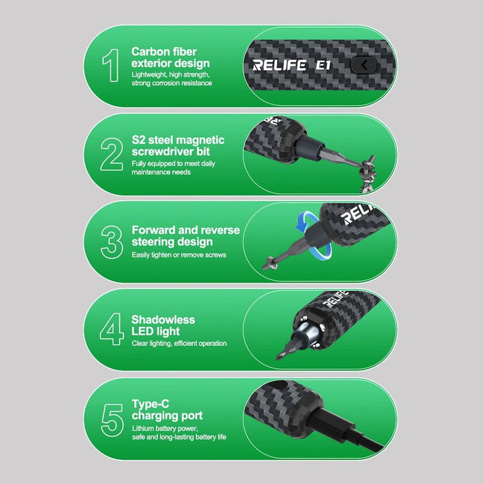 RELIFE E1 Carbon Fiber Electric Screwdriver Set – 12 Precision Bits, LED Lights & Type - C Charging | Compact & Rechargeable Tool for Electronics Repair - JPC MOBILE ACCESSORIES