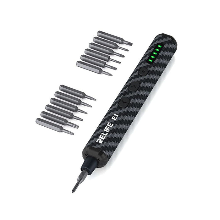 RELIFE E1 Carbon Fiber Electric Screwdriver Set – 12 Precision Bits, LED Lights & Type - C Charging | Compact & Rechargeable Tool for Electronics Repair - JPC MOBILE ACCESSORIES