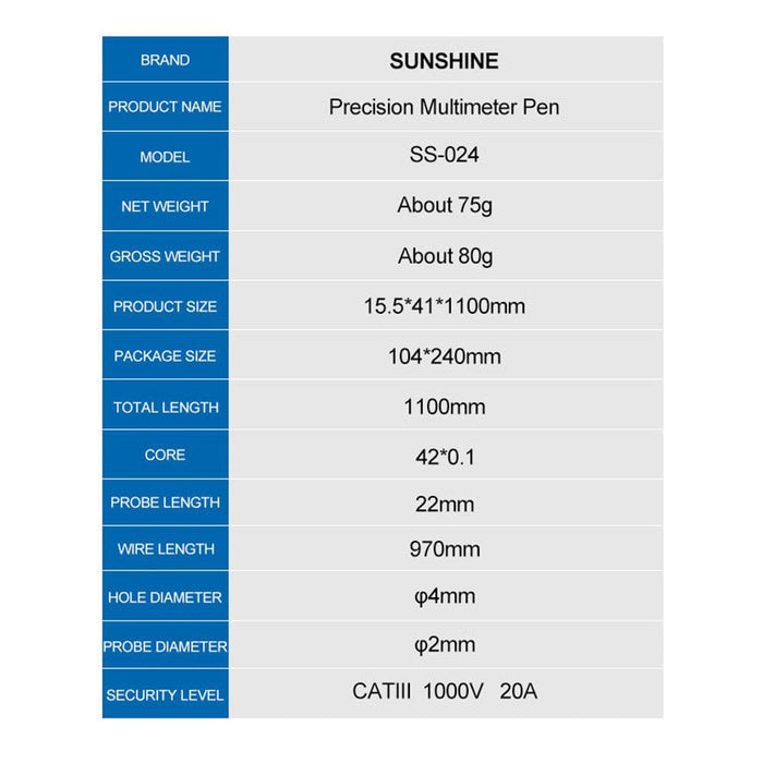 SUNSHINE SS-024 Multimeter Probes (Sharp Point) | High-Precision Testing Leads - JPC MOBILE ACCESSORIES