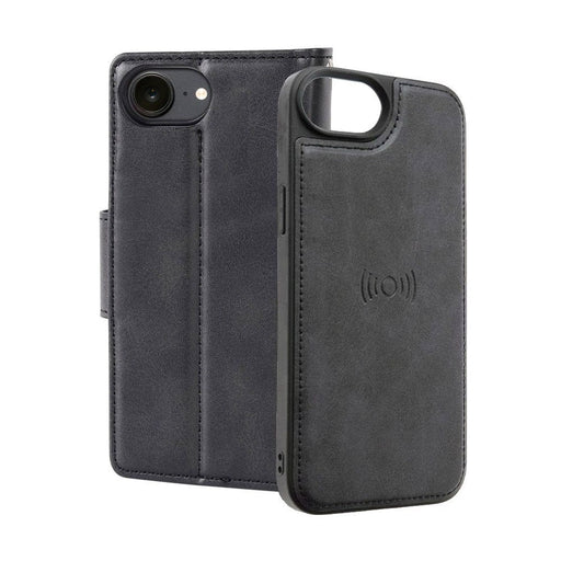 Hanman 2-in-1 Magnetic Leather Wallet Case for iPhone 16e in black with detachable flip cover