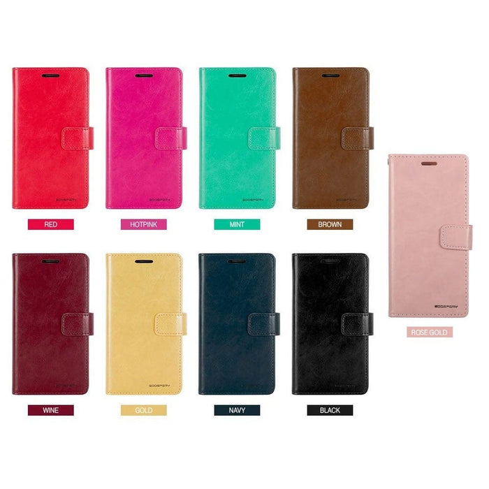 iPhone 16e in Mercury Blue Moon Diary case with stand function