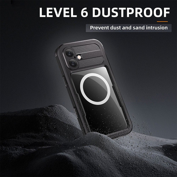 Close-up of built-in polycarbonate screen protector on waterproof case