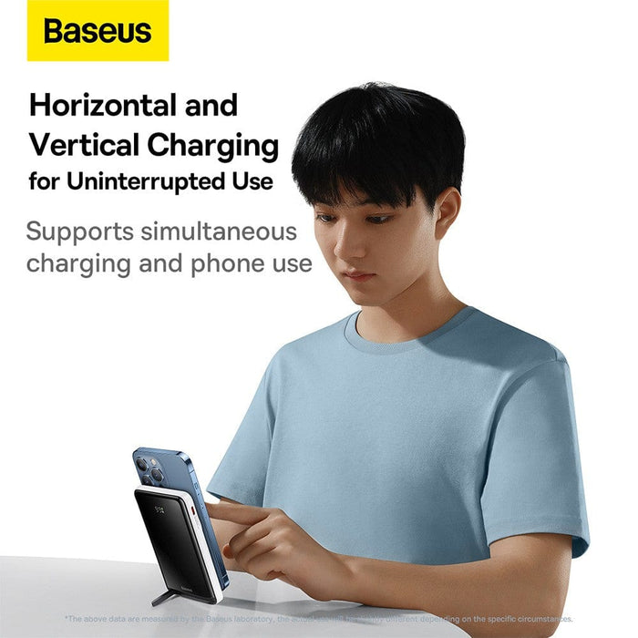 Baseus Power Bank charging an iPhone with MagSafe wireless charging.