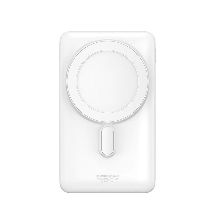 Baseus Power Bank in white with overvoltage protection for safe charging.