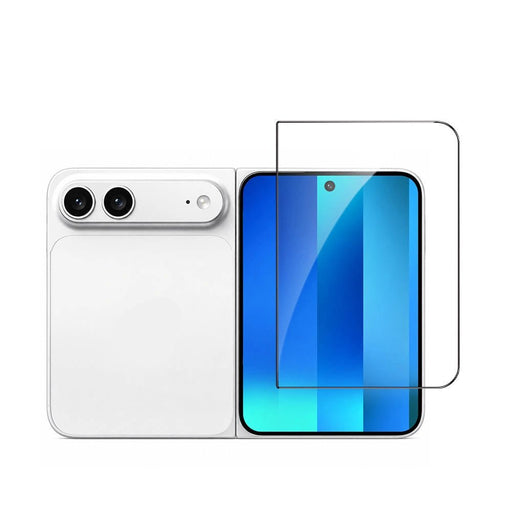 Clear tempered-glass screen protector shown aligned with an iPhone Duo display.