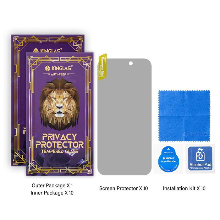 Kinglas iPhone 14 Pro privacy glass 10-pack contents and cleaning sets