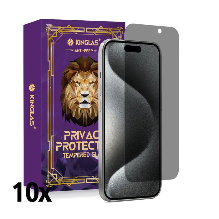 Kinglas iPhone 14 Pro privacy glass 10-pack and retail packaging