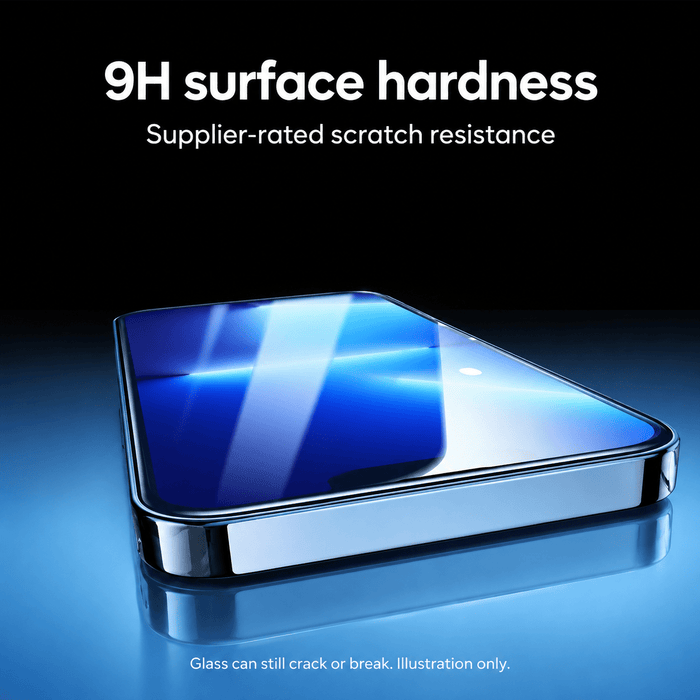 Kinglas supplier-rated 9H scratch resistance illustration noting that glass can still crack or break