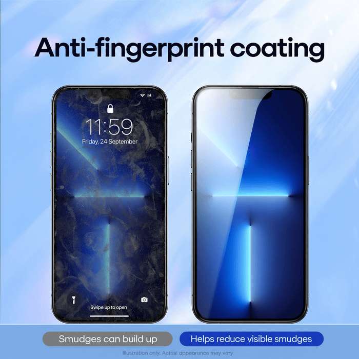 Kinglas anti-fingerprint coating illustration with English labels and a note that actual appearance may vary