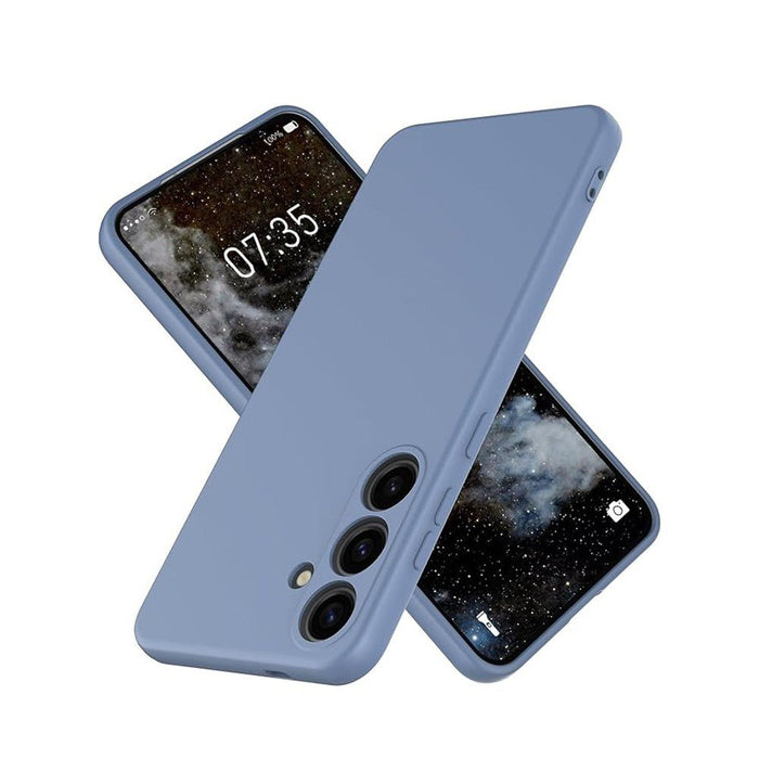 Liquid silicone Galaxy S25 Edge blue case professional lifestyle showing premium soft feel material