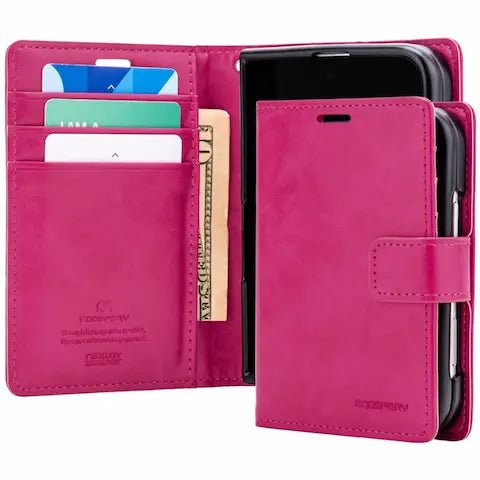 Hot pink Mercury Blue Moon folio wallet case shown open
