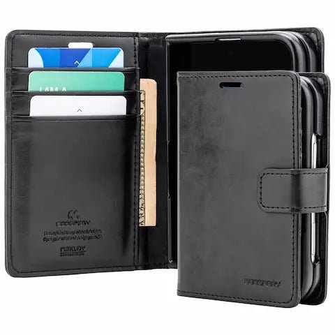 Black Mercury Blue Moon diary case opened to show its two card pockets beside the iPhone Duo