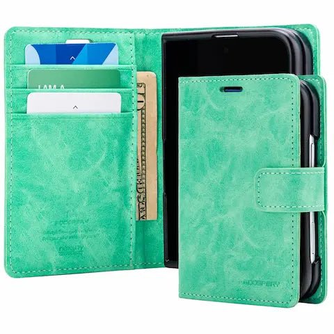 Mint Mercury Blue Moon diary-style wallet case shown open