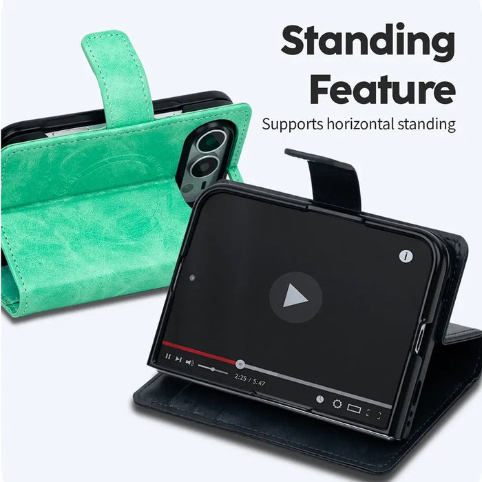 Mercury Blue Moon folio case shown with the cover folded behind the phone in landscape position