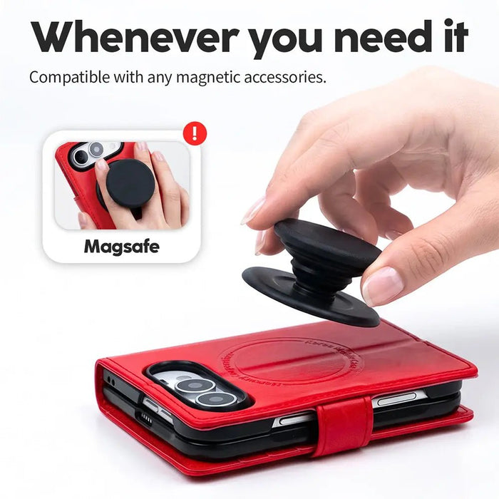 Red Mercury Blue Moon folio case shown with a magnetic phone accessory