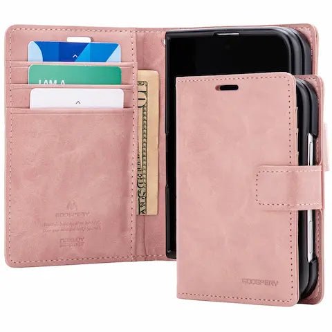 Rose gold Mercury Blue Moon folio wallet case shown open