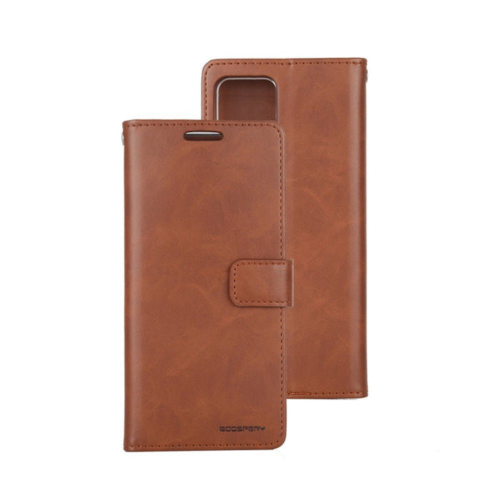 Mercury Blue Moon Galaxy S25 wallet case in rich brown leather with secure locking device and card storage