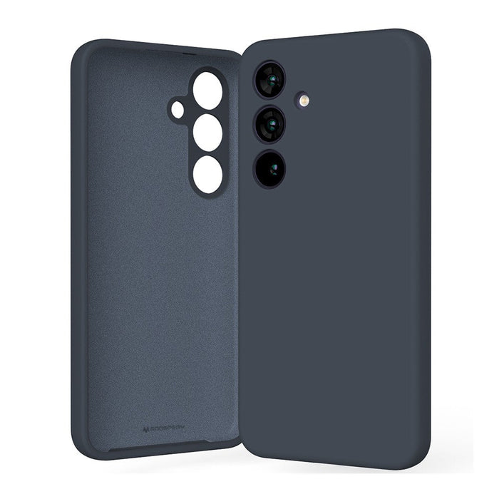 Mercury Galaxy S25 case in deep navy blue showing premium liquid silicone grip and precise cutouts