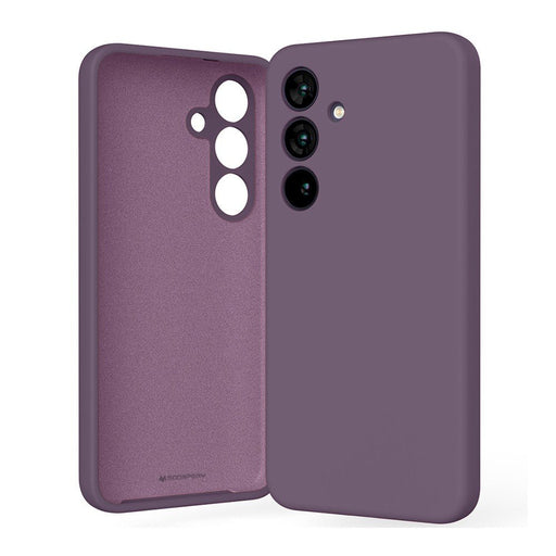 Mercury Galaxy S25 liquid silicone case in rich purple demonstrating wireless charging compatibility