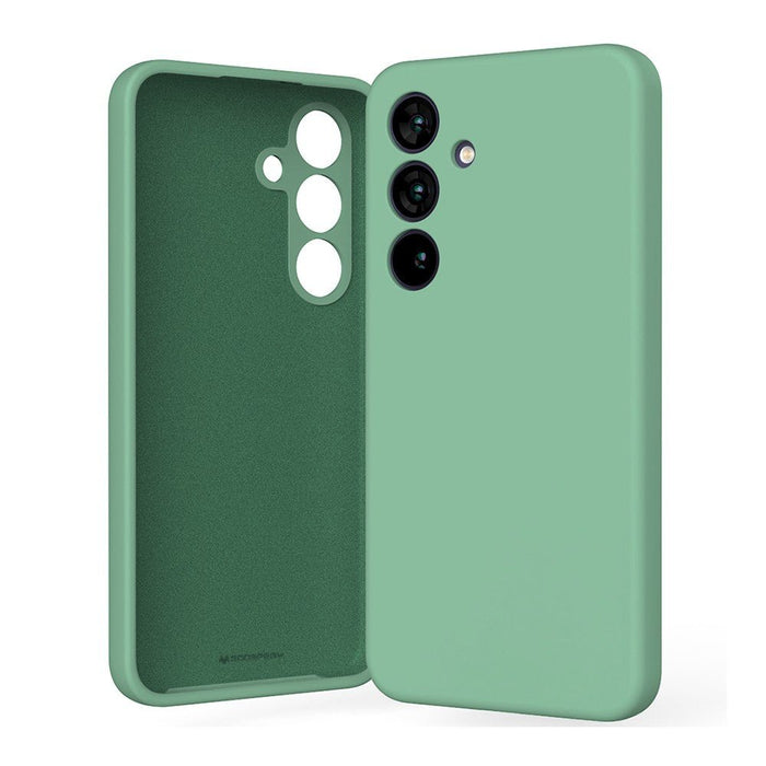 Mercury Galaxy S25 liquid silicone case in vibrant green with soft touch exterior and shock proof PC core