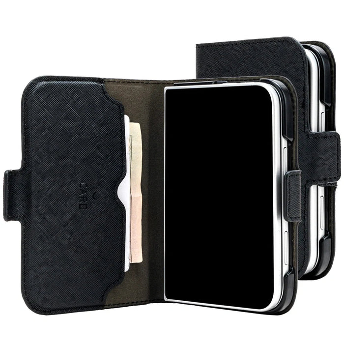 Black Mercury Premium folio wallet case for iPhone Duo shown open beside the fitted inner case