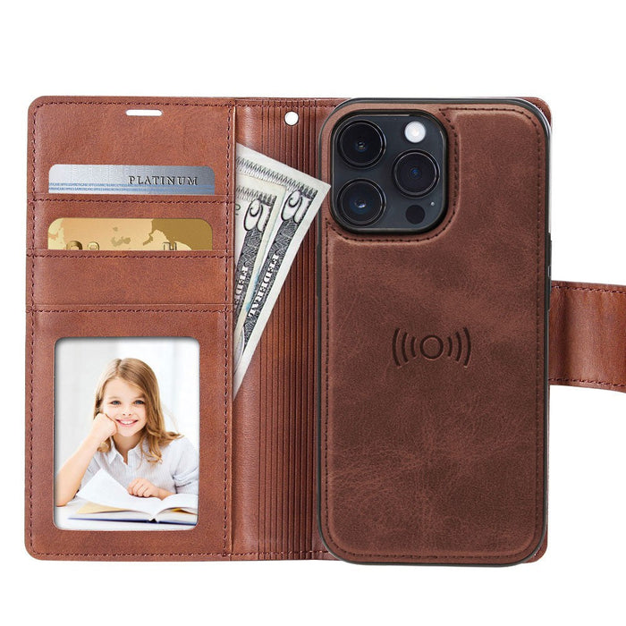 Hanman 2 in 1 Detachable Magnetic Flip Leather Wallet Cover Case for iPhone 15 Pro