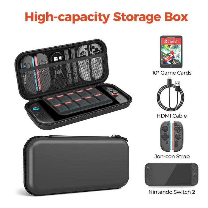 Nintendo Switch 2 console fitting perfectly inside EVA hard shell case with room for Joy-Con 2 controllers and accessories