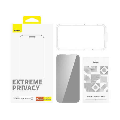 Premium privacy screen protector demonstrating visual privacy protection at side viewing angles while maintaining crystal clear front visibility