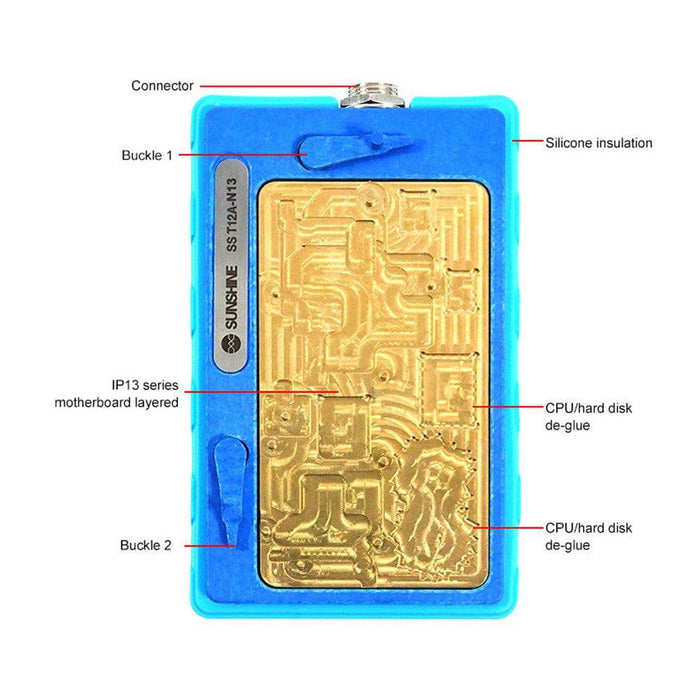 Professional repair tool showing precise positioning system for non-destructive iPhone 13 series motherboard operations