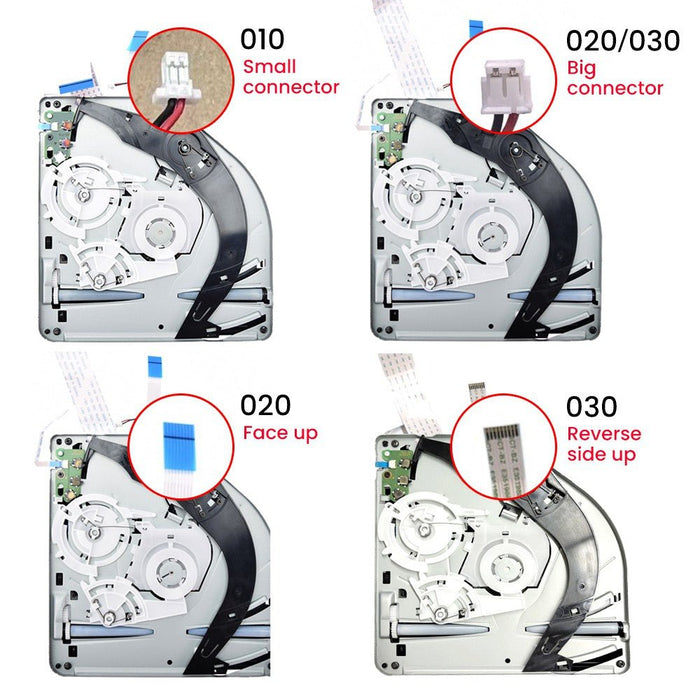 PS5 disc drive model 030 identification guide showing reverse side-up brown ribbon cable connector compared to models 010 020 - PlayStation 5 optical drive replacement parts connector differences Brisbane Australia