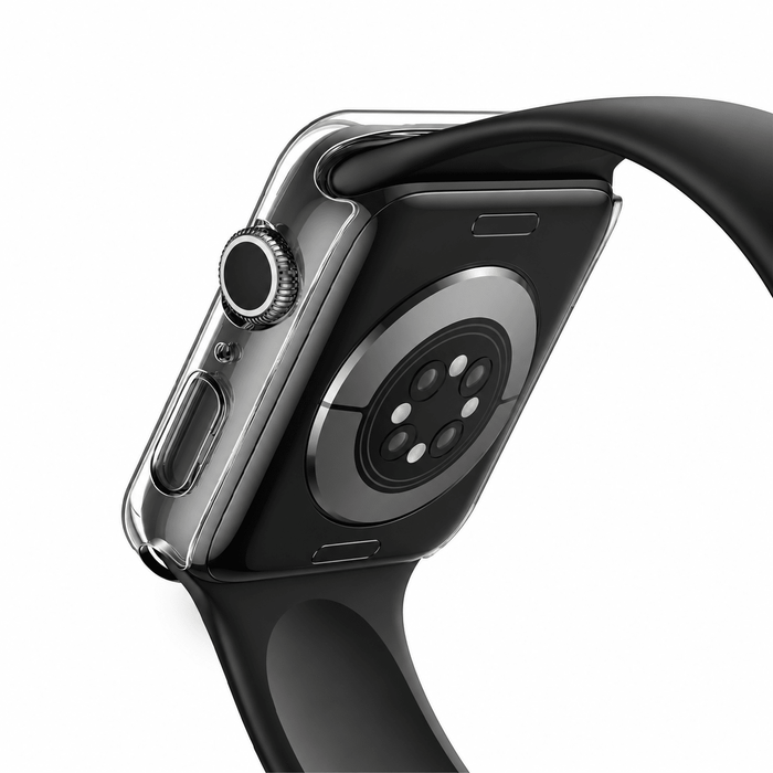 Illustrative rear view of Apple Watch with transparent 46mm PC case fitted; watch and band not included