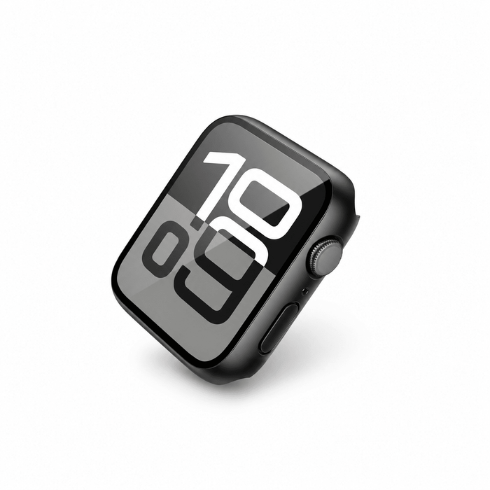 Illustrative front view of black 46mm Apple Watch case with integrated glass; watch not included