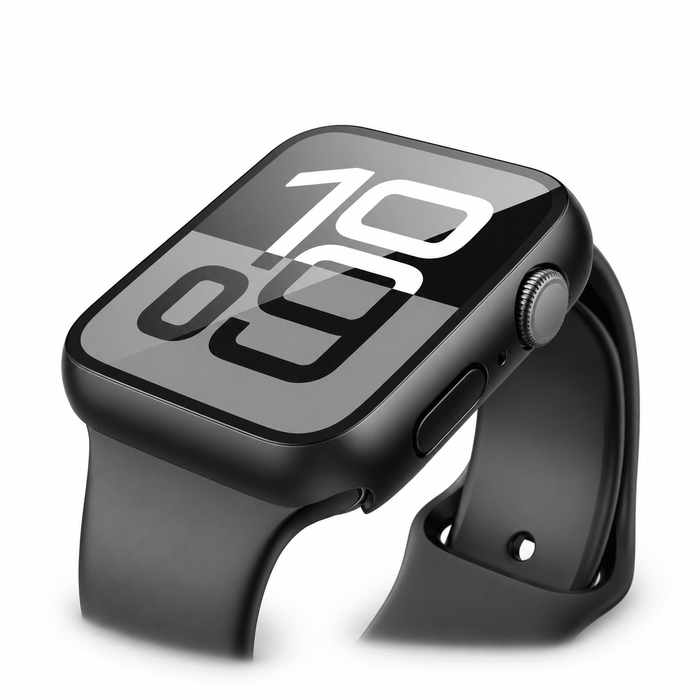 Illustrative angled view of black 46mm Apple Watch case and glass cover; watch and band not included