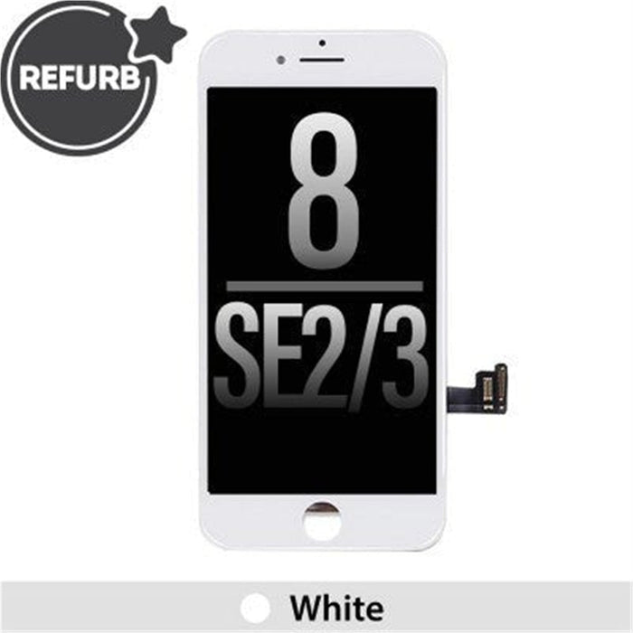 Front view of white REFURB LCD screen for iPhone 8, SE 2020 and SE 2022