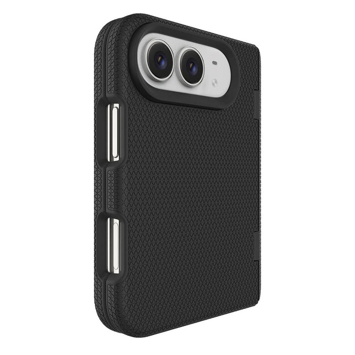 Close-up of the black case's camera cut-out and textured protective edge