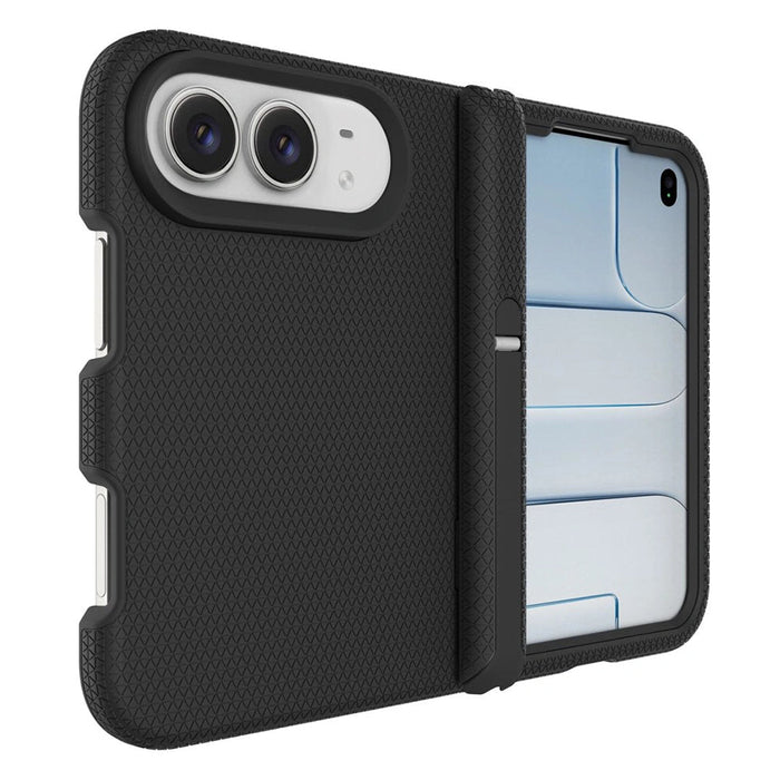 Angled rear view of the black Rhinos iPhone Duo case and raised camera opening