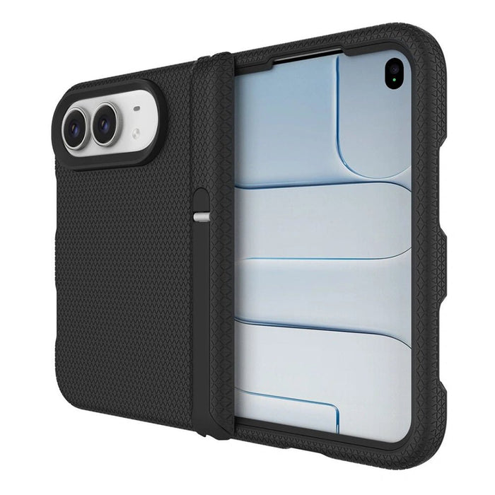 Angled view of the black Rhinos case fitted around iPhone Duo, showing its textured edges