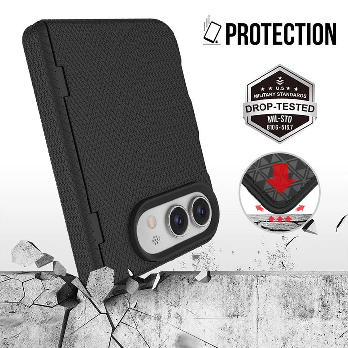 Promotional graphic showing the black iPhone Duo case against a textured background